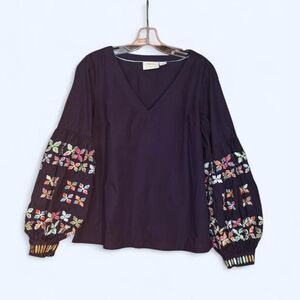 Maeve Anthropologie Women's Navy Embroidered Puff-Sleeve Blouse - size 8